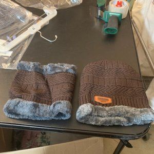 Fantastic Zone 2 Piece Brown/Gray Fleece Lined Beanie Hat, Neck Warmer OS NIP